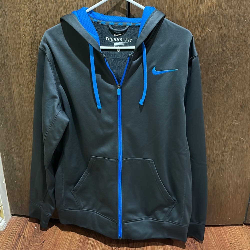 Nike Therma-Fit Mens grey/blue size M hooded full zip-up with front pockets